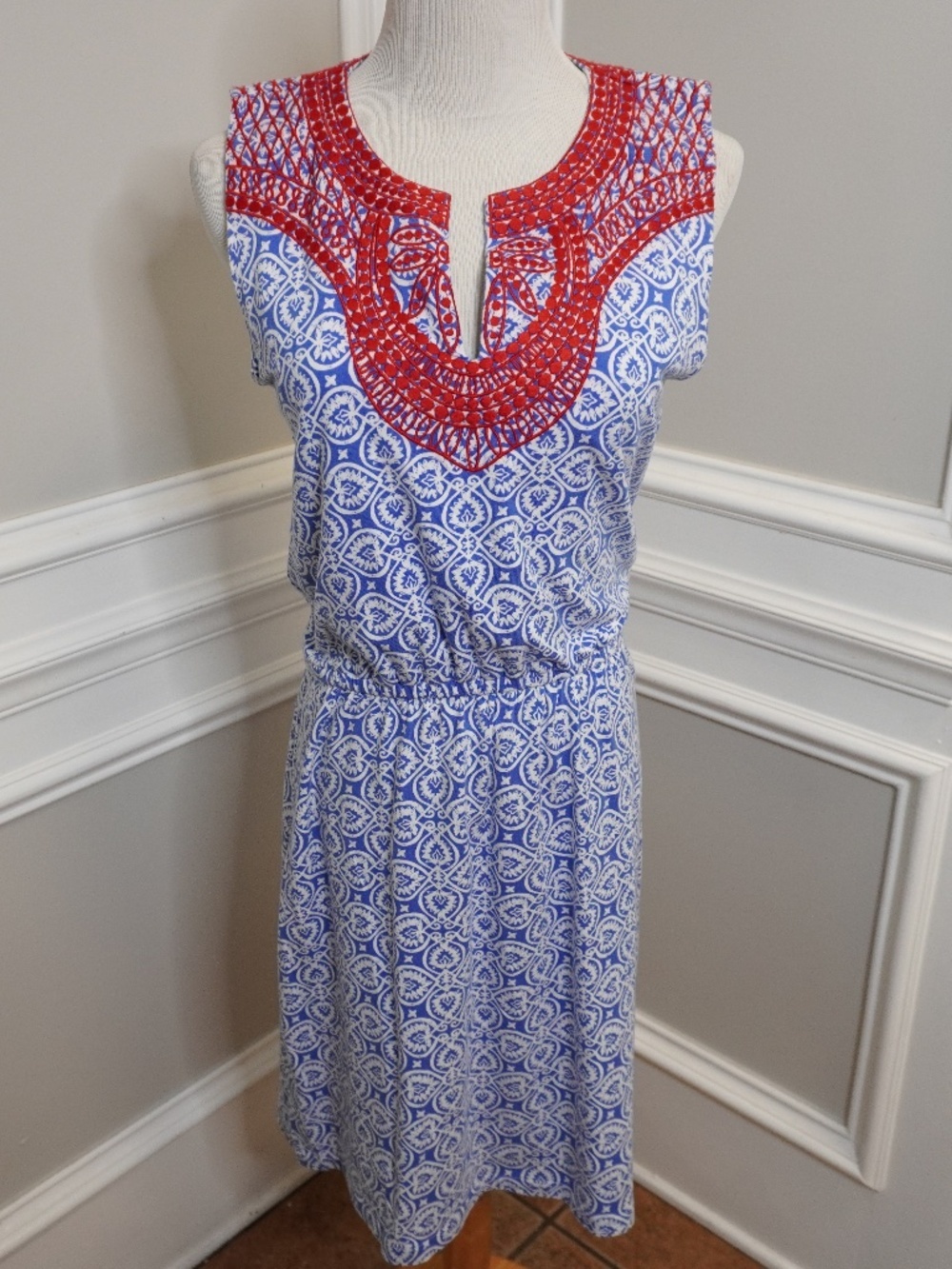 Vineyard Vines Blue Tile Print Geometric Embroidered Sleeveless Dress, Size S